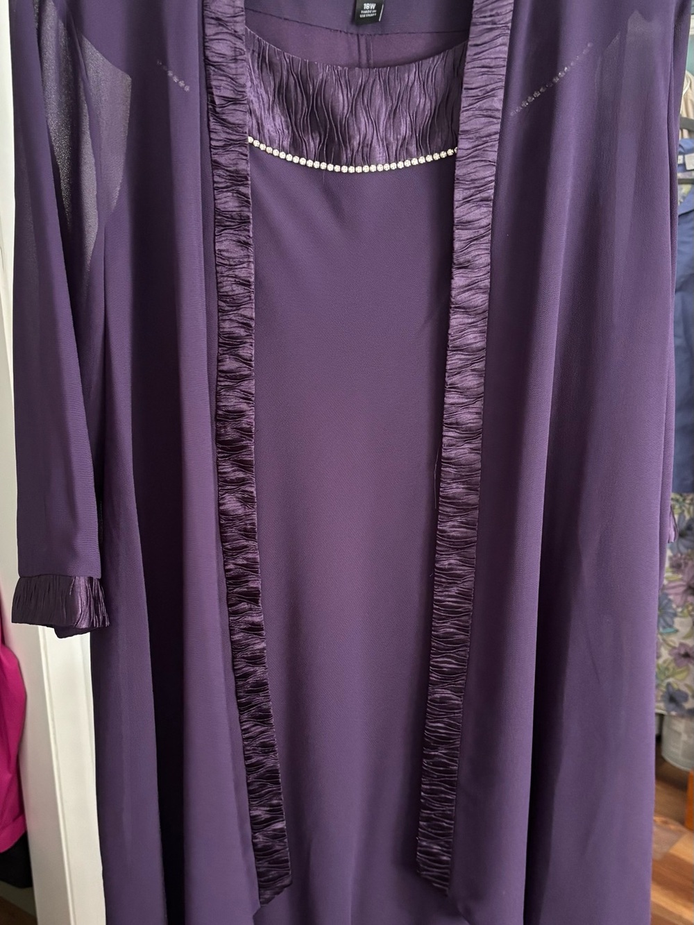 Plum Sheath with Sheer Overlay Set with Faux Pearl Trim